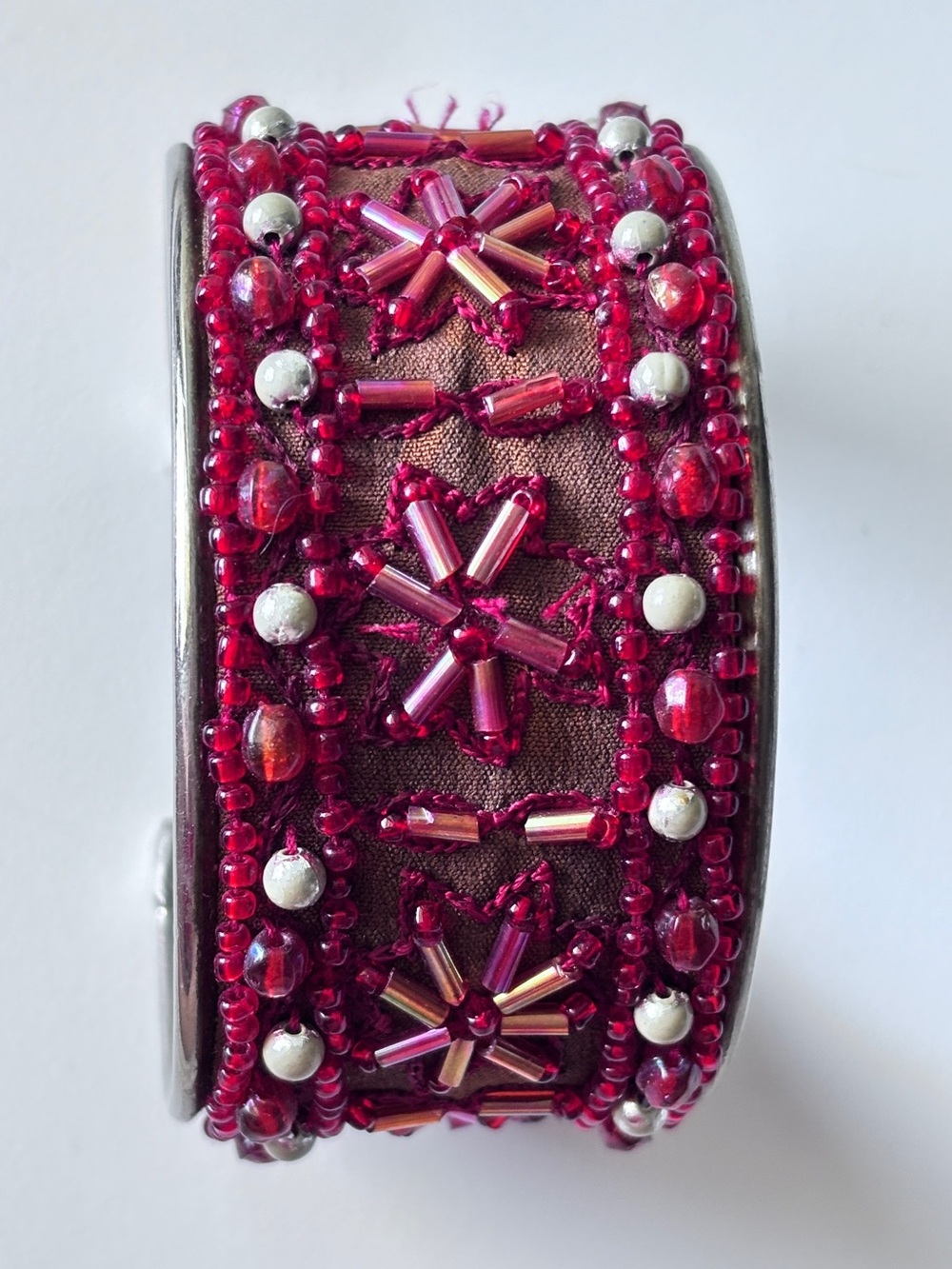 Vintage Cuff Bracelet Hand Beaded Red Flower Star Design 1.5” Wide